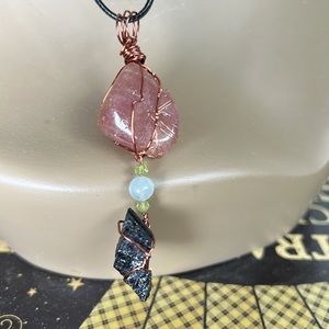 #13 Strawberry Quartz Aquamarine Black Tourmaline Peridot Crystal Rock Necklace